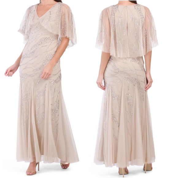 Adrianna Papell Dresses & Skirts - Adrianna Papell Beadded Chiffon gown cape sleeves